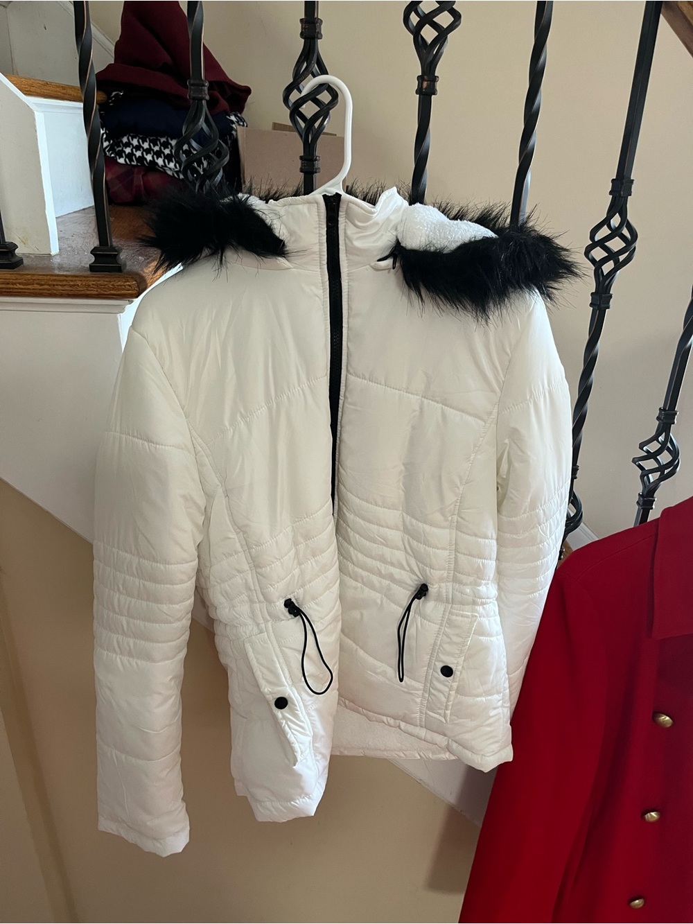 Celsius White Quilted Hooded Puffer Jacket with Black Faux Fur Trim